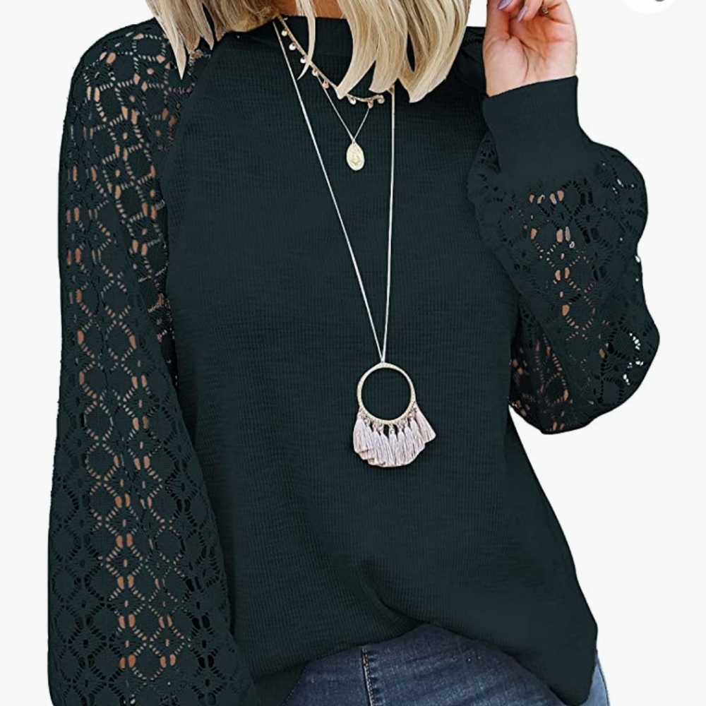 Dark Green Lace Sleeve Shirt